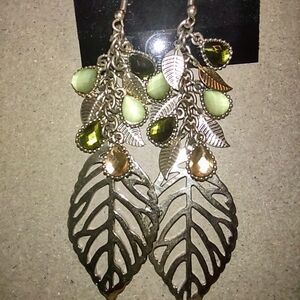 Gold Filigree Leaf Earrings Green Gemstones